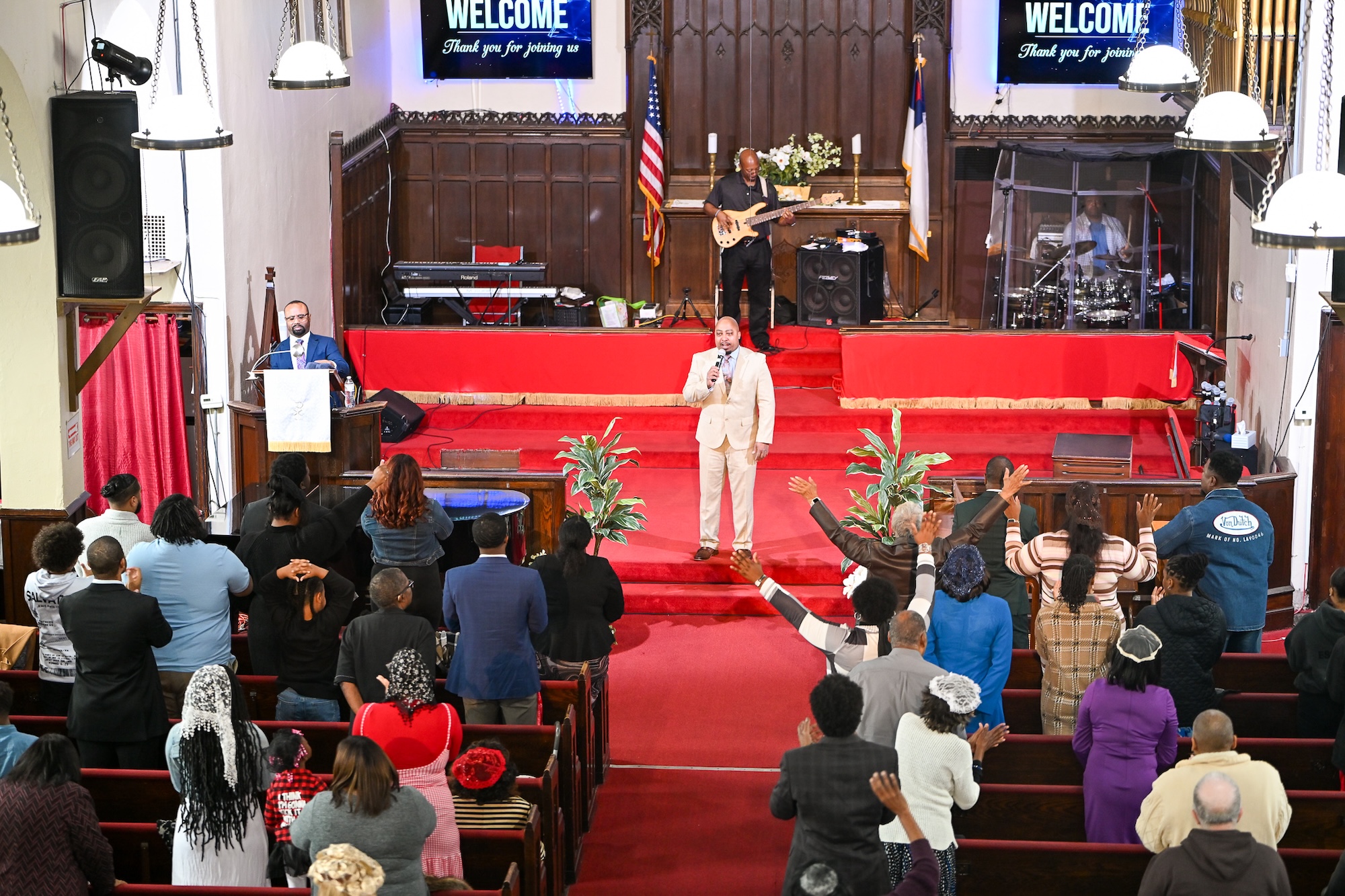 Worship service inside the sanctuary at Pilgrim Church of Christ